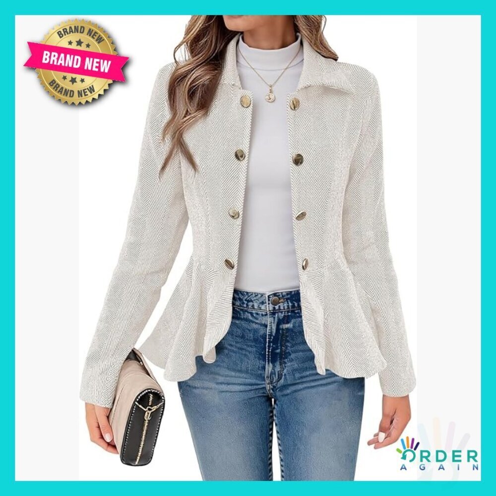 Elegant Peplum Blazer Herringbone Print Open Front Business Casual Jacket